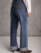  Blugi Straight Leg din bumbac cu manșete decorative la pantaloni și broderie Klonisa Albaștri