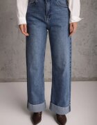  Blugi Straight Leg din bumbac cu manșete decorative la pantaloni și broderie Klonisa Albaștri
