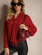  Bluză Bordeaux cu legătură la gât și mânecă plisată Henokia
