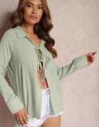  Bluză Casual Verde din Bumbac cu legătură și guler Cyrilla