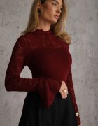  Bluză din dantelă din tricot cu vâscoză cu mâneci evazate și guler înalt Charmea Bordo