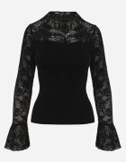  Bluză din dantelă din tricot cu vâscoză cu mâneci evazate și guler înalt Charmea Neagră