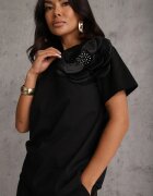  Bluză Neagră tip Tricou din Bumbac cu Mânecă Scurtă și Aplicație Floare Dimasa