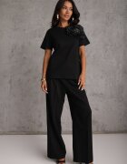  Bluză Neagră tip Tricou din Bumbac cu Mânecă Scurtă și Aplicație Floare Dimasa