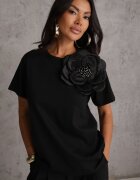  Bluză Neagră tip Tricou din Bumbac cu Mânecă Scurtă și Aplicație Floare Dimasa