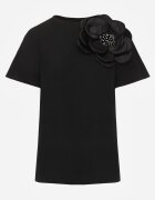  Bluză Neagră tip Tricou din Bumbac cu Mânecă Scurtă și Aplicație Floare Dimasa