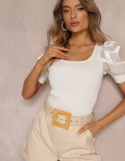 Bluză Reiată Albă cu Mâneci din Satin Thinih