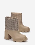  Botine Bej închis cu carâmb răsfrânt decorate cu zirconii pe platformă și toc gros Felirok