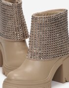  Botine Bej închis cu carâmb răsfrânt decorate cu zirconii pe platformă și toc gros Felirok