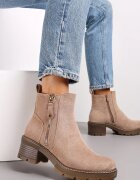  Botine bej închis cu toc gros cu fermoar decorativ Recusson
