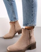  Botine bej închis cu toc gros cu fermoar decorativ Recusson