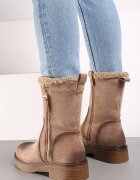  Botine Bej închis din piele întoarsă ecologică cu talpă plată cu fermoar decorativ și blană Nevadorae