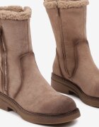  Botine Bej închis din piele întoarsă ecologică cu talpă plată cu fermoar decorativ și blană Nevadorae