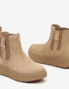  Botine Chelsea bej închis pe platformă embosată decorate cu aplicație metalică Allecia