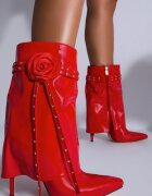  Botine Czerwone Lăcuite cu Carâmb care imită cracul pe Toc Subțire cu Floare Decorativă Lotiala