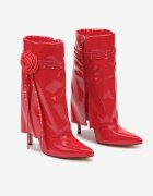  Botine Czerwone Lăcuite cu Carâmb care imită cracul pe Toc Subțire cu Floare Decorativă Lotiala