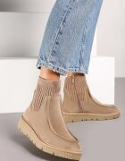  Botine din eco-piele întoarsă bej închis cu carâmb ajustat striat pe pană joasă Manzina