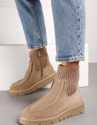  Botine din eco-piele întoarsă bej închis cu carâmb ajustat striat pe pană joasă Manzina