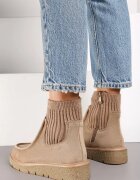  Botine din eco-piele întoarsă bej închis cu carâmb ajustat striat pe pană joasă Manzina