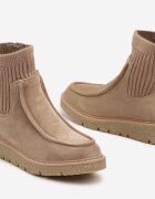  Botine din eco-piele întoarsă bej închis cu carâmb ajustat striat pe pană joasă Manzina