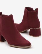  Botine grena din piele intoarsă ecologică cu toc jos decorat cu inserție metalică Brievia