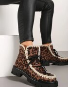  Botine Maro din piele intoarsă ecologică cu imprimeu leopard cu un set suplimentar de șireturi decorate cu broderie Noledi