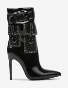 Botine Negre Biker cu Toc Stiletto Decorate cu Strasuri și Imitație de Buzunare Anseella