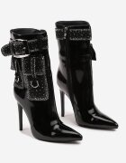  Botine Negre Biker cu Toc Stiletto Decorate cu Strasuri și Imitație de Buzunare Anseella