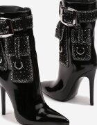  Botine Negre Biker cu Toc Stiletto Decorate cu Strasuri și Imitație de Buzunare Anseella