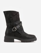  Botine Negre cu Tijă Neregulată Decorată cu Curele și Catarame Zinbelle