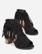  Botine Negre cu toc gros cu franjuri și decupaje Vadyth