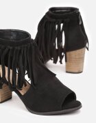  Botine Negre cu toc gros cu franjuri și decupaje Vadyth