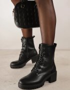  Botine Negre cu toc gros stil worker din piele ecologică finisate cu șireturi Timovia