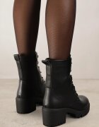  Botine Negre cu toc gros stil worker din piele ecologică finisate cu șireturi Timovia