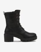  Botine Negre cu toc gros stil worker din piele ecologică finisate cu șireturi Timovia