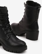  Botine Negre cu toc gros stil worker din piele ecologică finisate cu șireturi Timovia