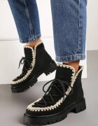  Botine Negre din eco-piele intoarsă cu un set suplimentar de șireturi decorate cu broderie Noledi