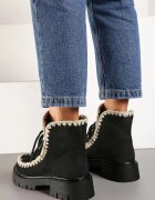  Botine Negre din eco-piele intoarsă cu un set suplimentar de șireturi decorate cu broderie Noledi