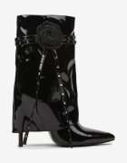  Botine Negre Lăcuite cu Gambă Imitând Crac pe Toc Stiletto cu Floare Decorativă Lotiala