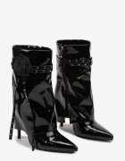  Botine Negre Lăcuite cu Gambă Imitând Crac pe Toc Stiletto cu Floare Decorativă Lotiala