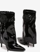  Botine Negre Lăcuite cu Gambă Imitând Crac pe Toc Stiletto cu Floare Decorativă Lotiala