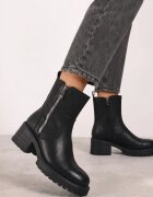  Botine Negre pe Toc Gros cu Imitație de Fermoar Rialitha