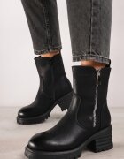  Botine Negre pe Toc Gros cu Imitație de Fermoar Rialitha
