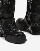 Botine Negre Rock cu platformă cu curea decorativă și fermoar și parte superioară răsfrântă Merine