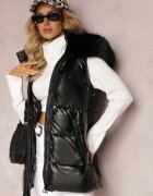 bright girl Vestă Matlasată Neagră cu Glugă și Blană Decorativă Alephne