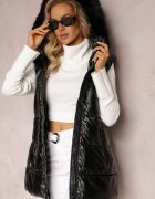 bright girl Vestă Matlasată Neagră cu Glugă și Blană Decorativă Alephne