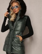 bright girl Vestă Verde Matlasată cu Glugă și Blană Decorativă Alephne