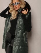 bright girl Vestă Verde Matlasată cu Glugă și Blană Decorativă Alephne