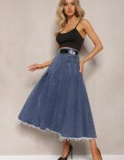 by may Fustă Bleumarin Evazată din Denim cu Curea Inclusă Grinna