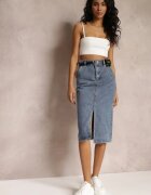 by may Fustă Creion Albastră Denim cu Slit și Curea cu Borsetă Misitra